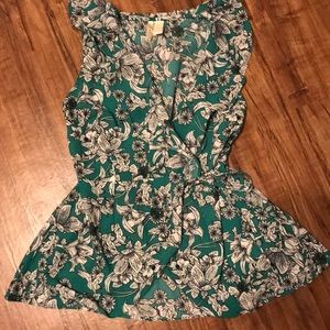 Green floral wrap blouse